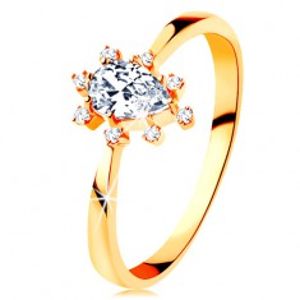 Prsten ve žlutém 14K zlatě - čirá zirkonová kapka, vyčnívající zirkonky GG129.04/129.43/50