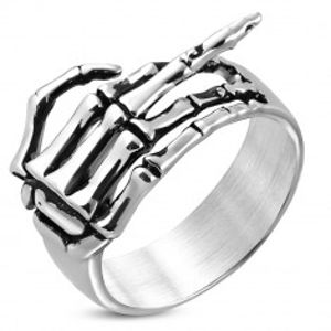 Prsten z chirurgické oceli - kostra ruky se zdviženým prstem, patina K02.06