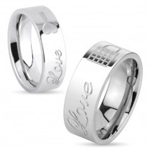 Prsten z chirurgické oceli stříbrné barvy, nápis Love a klíček, 6 mm M03.31