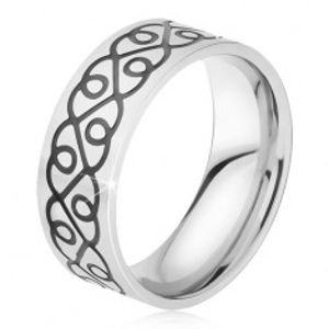 Prsten z chirurgické oceli - lesklá obroučka, černý ornament ze srdcí BB14.19