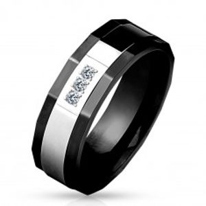 Prsten z chirurgické oceli, černá a stříbrná barva, tři čiré zirkony, 8 mm H8.13