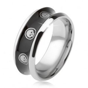 Prsten z chirurgické oceli, lesklý černý, vyhloubený střed, lebka v kruhu T21.16