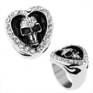 Prsten z chirurgické oceli, srdce zdobené čirými zirkony, patinovaná lebka Z40.3/4