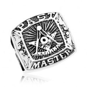 Prsten z chirurgické oceli, symboly svobodných zednářů a nápis, černá patina AB36.03/04