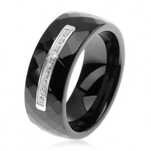 Prsten z černé keramiky s broušeným povrchem, tenký ocelový pás, zirkony H1.11