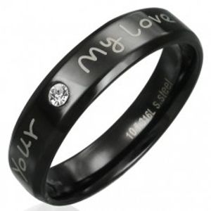Prsten z oceli - černý s vyznáním lásky a čirým zirkonem B6.02