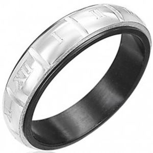 Prsten z oceli - gravírované římské číslice, stříbrná a černá barva F8.6