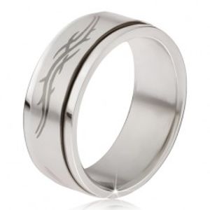 Prsten z oceli - matná točící se obruč, šedý potisk tribal motivu  BB17.17