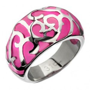Prsten z oceli - růžový s kovovou dekorací, srdíčko C21.5