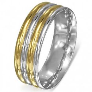 Prsten z oceli - stříbrno-zlaté zaoblené pásy B3.10