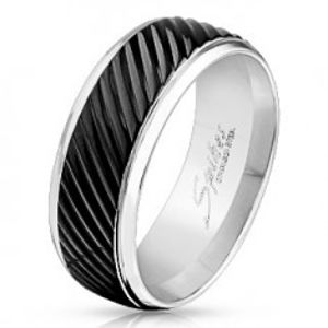 Prsten z oceli 316L stříbrné barvy, černý pás se šikmými zářezy, 8 mm HH3.3