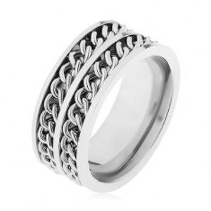 Prsten z oceli 316L stříbrné barvy, dva dekorativní řetízky, vysoký lesk HH12.4