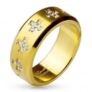Prsten z oceli 316L zlaté barvy, čiré zirkonové křížky po obvodu, 8 mm H8.11