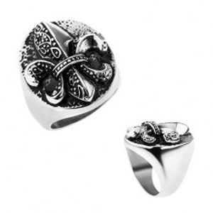 Prsten z oceli, Fleur de Lis v oválu, stříbrná barva, patina Z8.5