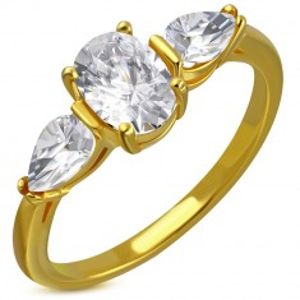 Prsten z oceli ve zlatém odstínu - čirý třpytivý zirkon, zirkonové slzičky C22.05