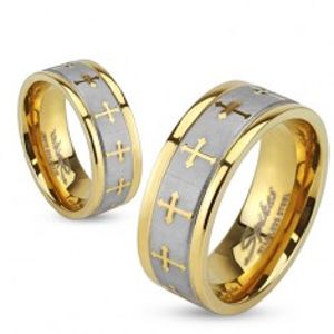 Prsten z oceli zlaté barvy, stříbrný saténový pás, jetelové kříže BB13.09