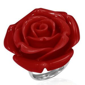 Prsten z oceli - červená vykvetlá růže z pryskyřice - Velikost: 51