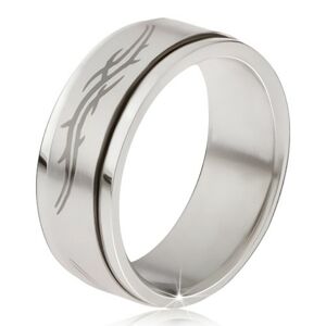 Prsten z oceli - matná točící se obruč, šedý potisk tribal motivu  - Velikost: 59