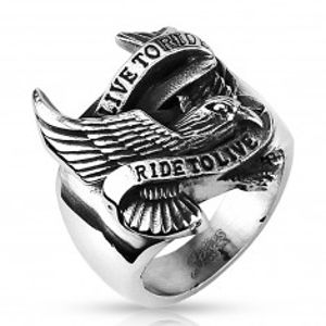 Prsten z oceli s motivem orla a nápisem - Velikost: 69