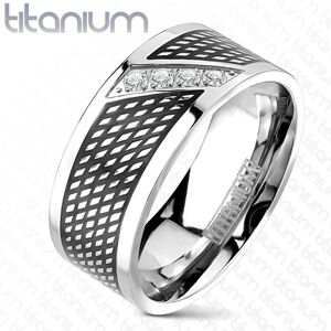 Prsten z titanu - černá a stříbrná barva, zirkony v diagonální linii - Velikost: 72