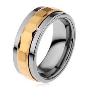 Prsten z wolframu, stříbrná a zlatá barva, otáčivý středový pás se čtverci, 8 mm H8.01
