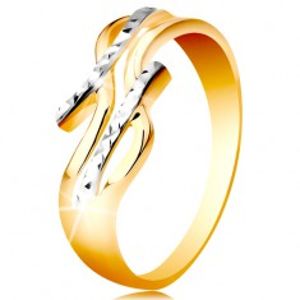 Prsten ze 14K zlata - dvoubarevná, rozdělená a zvlněná ramena, blýskavé zářezy GG192.75/82