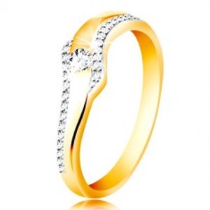 Prsten ze 14K zlata - vlnka s čirým zirkonem a třpytivými liniemi po stranách GG213.32/40