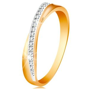 Prsten ze 14K zlata - překřížená hladká a třpytivá linie z čirých zirkonků - Velikost: 51
