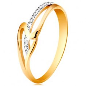 Prsten ze 14K zlata, rovné a zvlněné rameno, drobné čiré zirkonky - Velikost: 60