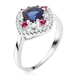 Prsten ze stříbra 925, modrý okrouhlý zirkon, čiré a růžové kamínky - Velikost: 57