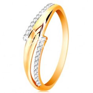 Prsten ze 14K zlata, zvlněná dvoubarevná ramena, čiré zirkonové linie GG201.66/73