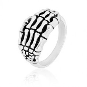 Prsten ze stříbra 925 - detailně tvarovaná kostra ruky, lesklá ramena, patina BB16.05