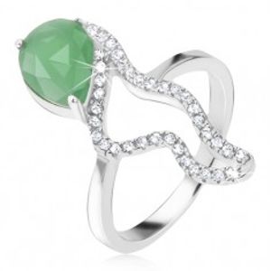 Prsten ze stříbra 925 - zelený slzičkový kámen, zirkonová zvlněná linie BB17.03