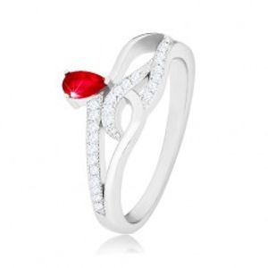 Prsten ze stříbra 925, červený slzičkovitý zirkon, zvlněné zirkonové linie K08.07