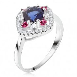 Prsten ze stříbra 925, modrý okrouhlý zirkon, čiré a růžové kamínky BB18.15