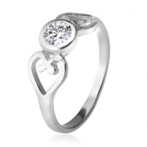 Stříbrný prsten, obrysy srdcí, čirý okrouhlý zirkon v objímce, stříbro 925 J12.6
