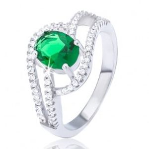 Prsten ze stříbra 925, zdvojená zirkonová vlnka, oválný zelený kamínek BB7.10