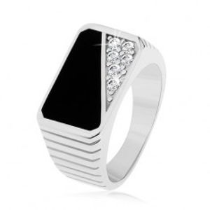 Prsten ze stříbra 925, svislé zářezy, obdélník - černá glazura, čiré zirkony S83.06