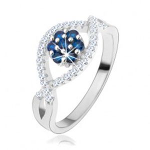 Prsten ze stříbra 925, zvlněné zirkonové linie, blyštivý květ z modrých zirkonů HH3.16