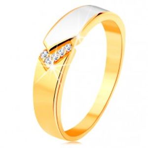 Prsten ze žlutého 14K zlata - lesklý pás bílé glazury, čiré zirkonky GG130.01/130.17/22