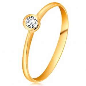 Prsten ze žlutého 14K zlata - blýskavý čirý briliant v lesklé objímce, zúžená ramena BT179.64/72