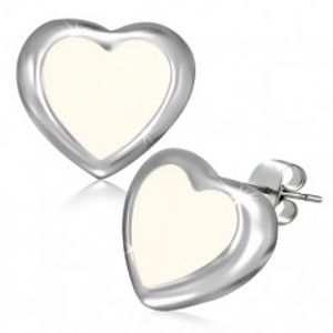 Puzetové náušnice z oceli - máslově bílé srdce se stříbrným okrajem AA40.02