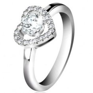 Rhodiovaný prsten, stříbro 925, blýskavá kontura srdce a kulatý zirkon čiré barvy K01.12