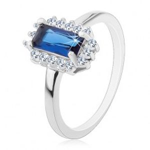 Rhodiovaný prsten, stříbro 925, obdélníkový modrý zirkon, čirý zirkonový lem J15.18