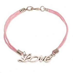 Růžový šňůrkový náramek, přívěsek stříbrné barvy - nápis "Love" SP36.6