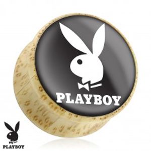 Sedlový plug do ucha z přírodního dřeva, zajíček Playboy, černý podklad S1.10