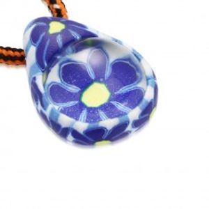 Šňůrkový náhrdelník - FIMO slza s modrými kvítky, skleněná kulička S29.31