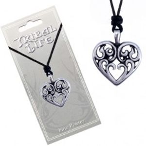 Šňůrkový náhrdelník - lesklý kovový přívěsek, srdce s ornamenty AC1.06