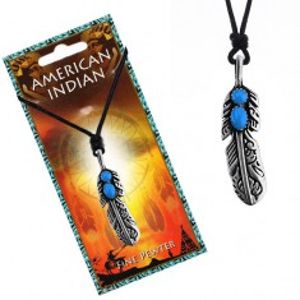 Šňůrkový náhrdelník s indiánským pírkem a modrými očky P2.15