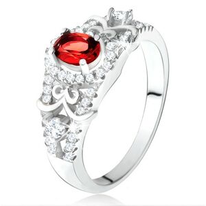 Stříbrný 925 prsten, oválný červený zirkon s čirým lemem, ozdobné linie - Velikost: 52